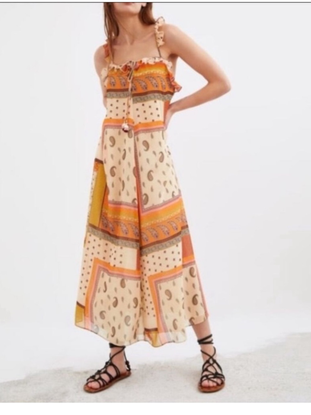 ZARA Dress Boho Blogger Fave Patchwork Paisley Floral Ruffle Maxi Orange Pink